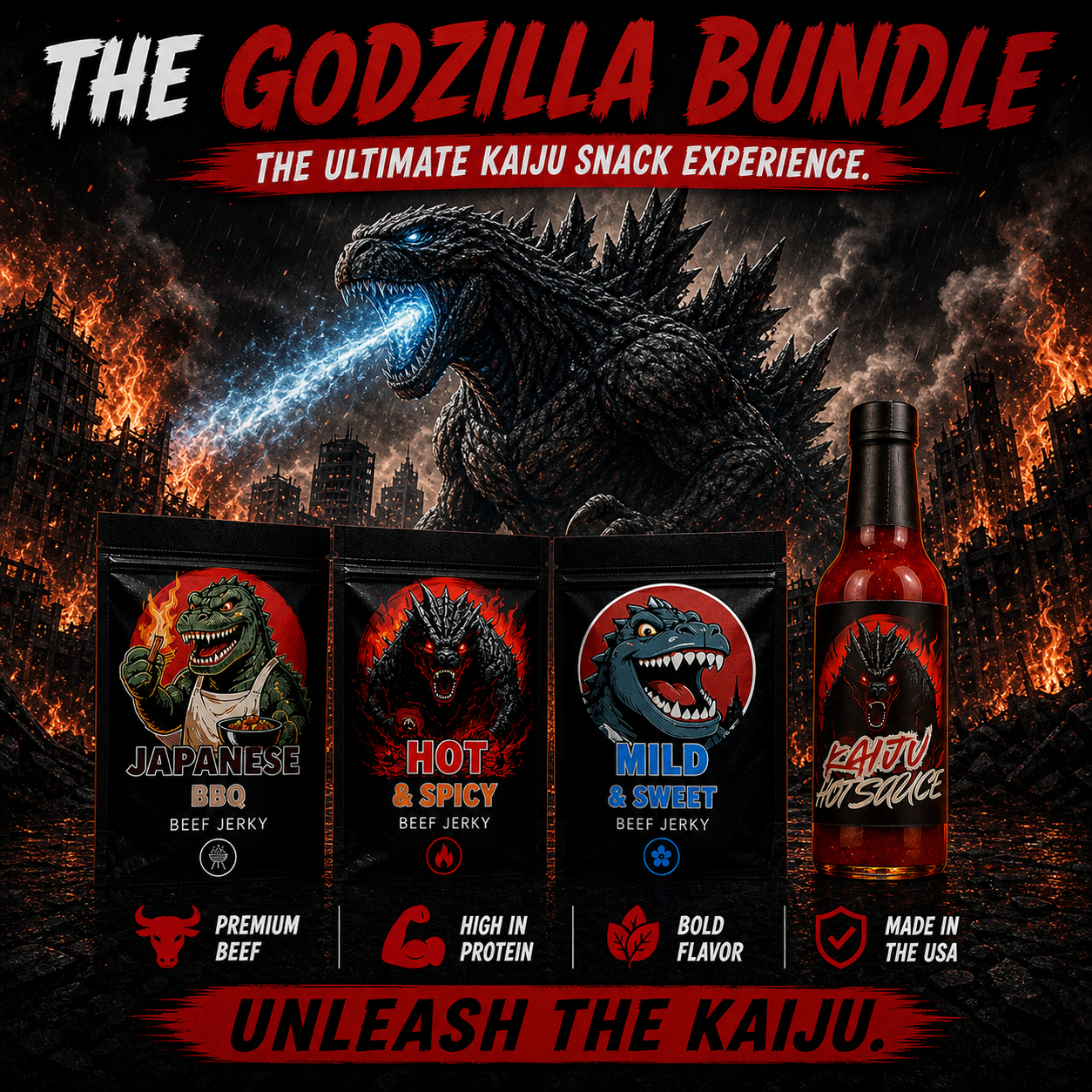 The Godzilla Bundle — Japanese BBQ, Hot & Spicy, Mild & Sweet jerky plus Kaiju Hot Sauce